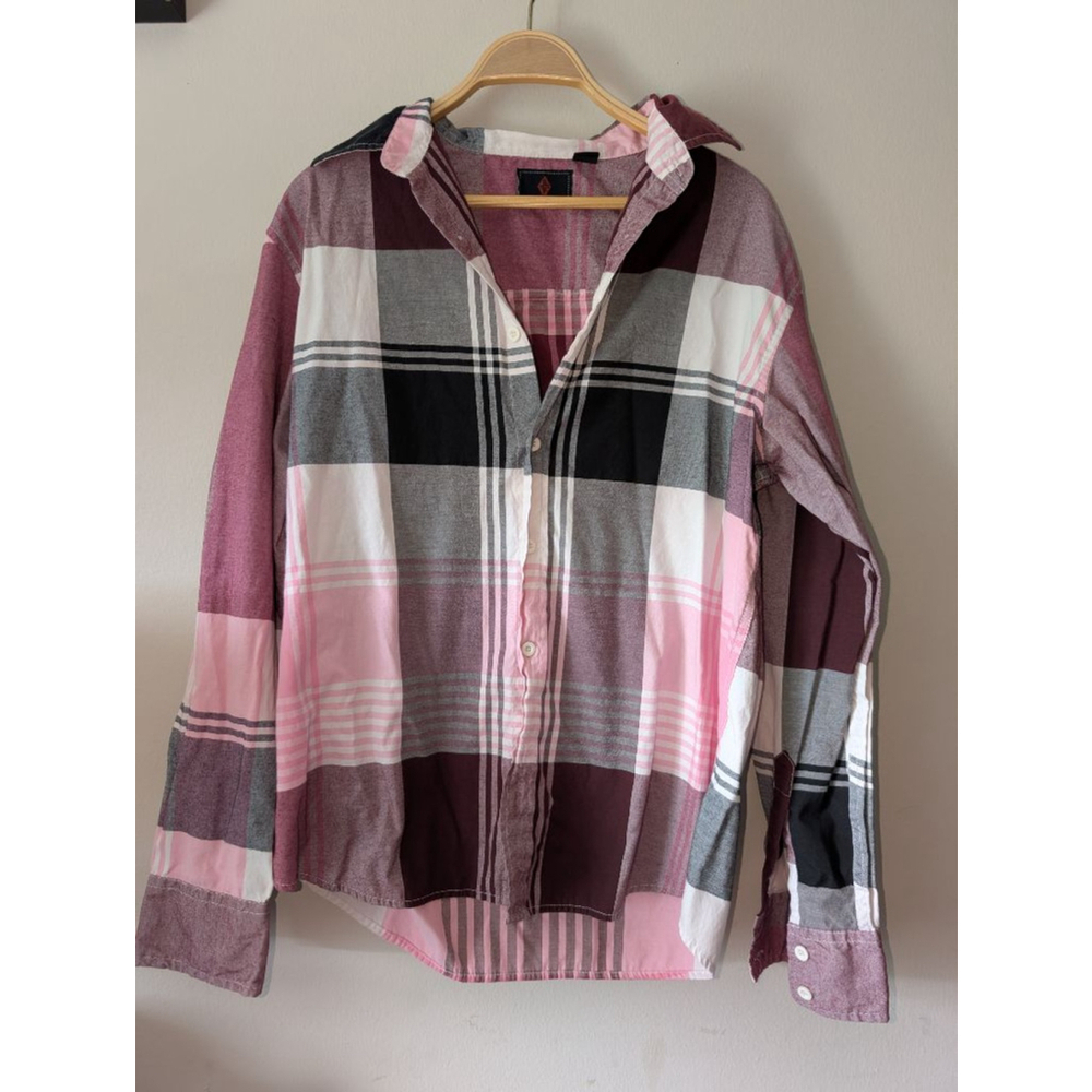 Men's Swiss Cross Casual Button Down Shirt L Pink Burgundy Plaid